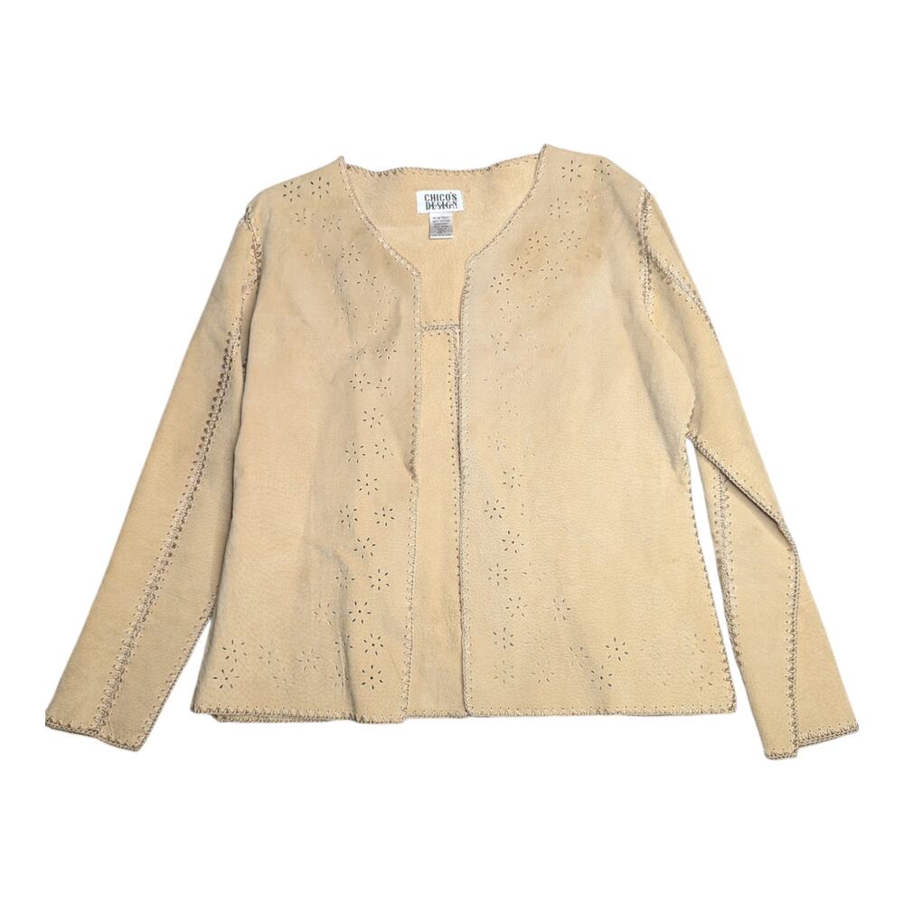 Vtg 1990s Chico's Design Beige Suede Laser Cut Patchwork Open Front Jacket 1 S